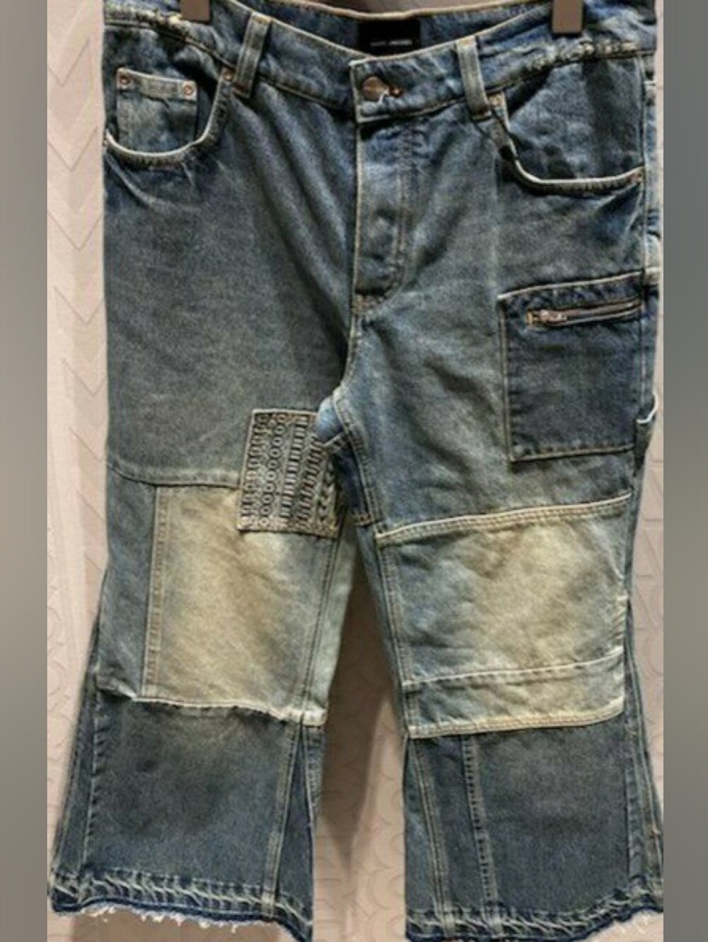 NWT FLARED PATCHWORK FRAYED to Ankle Crop Indigo Demin Jeans
